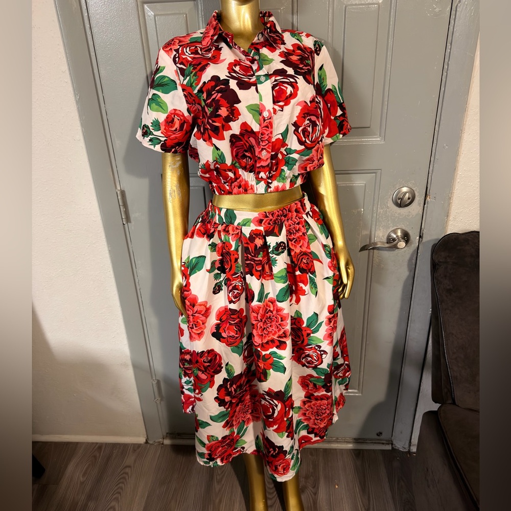 Floral Red & Green Two-Piece Dress Set